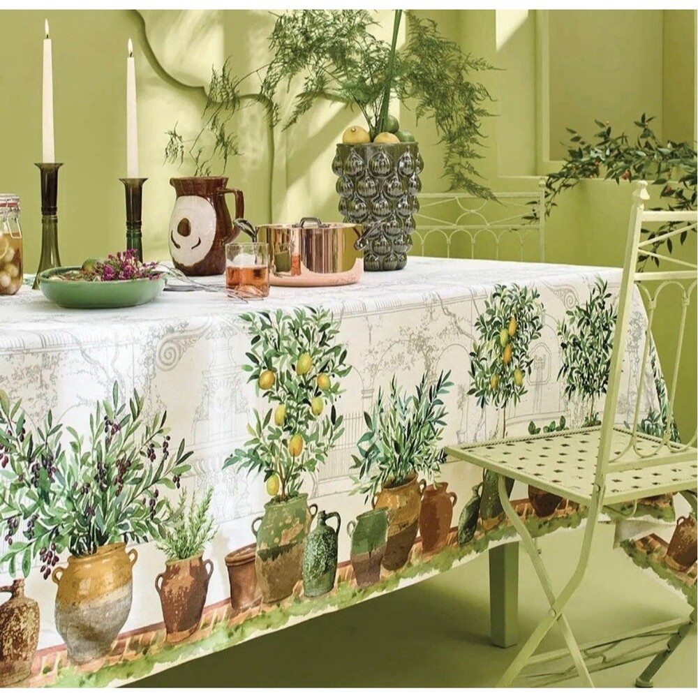 Garnier Thiebaut Linen/Cotton Rectangle Tablecloth Olive Lemon 61”x89”